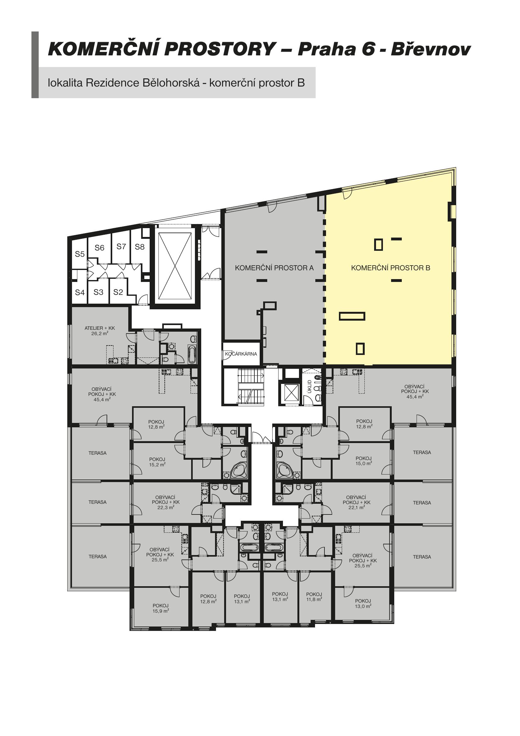 Půdorys obchodního prostoru 169 m² v Břevnově